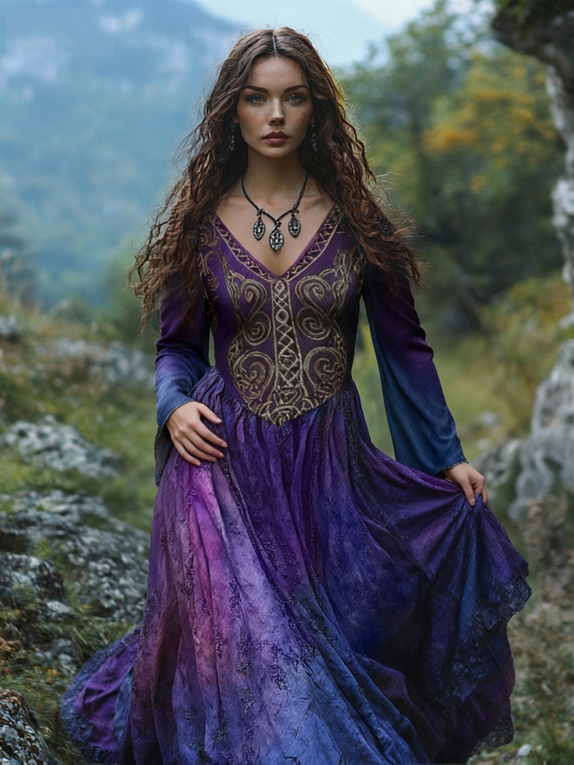 viking purple dress Plus Size, Women's Plus-size Fashionable Viking Tribe Celtic Knot Art  V-neck Elegant Long Dress