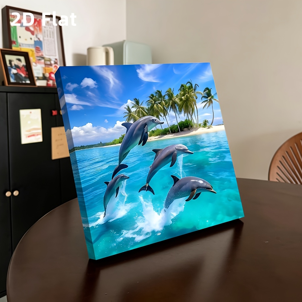 TEMU 2d Flat, 1pc Framed 2d Canvas Print Jumping In Turquoise Sea With Palm Trees And Beach Suitable For Living Room Bedroom Office Hotel