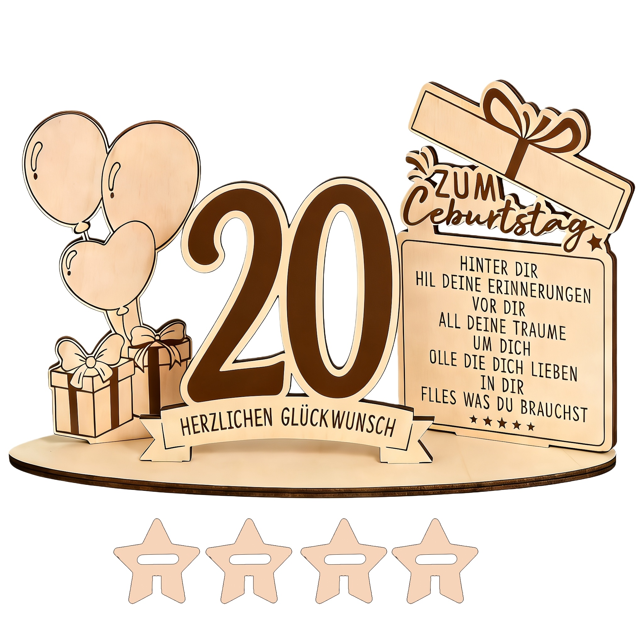 E-shop Holz-Bildschirm mit Schild mit der Zahl 20, Schreibtischdekoration, Geschenkbox, Ballonelemente, deutsche Segenssprüche, inklusive 4