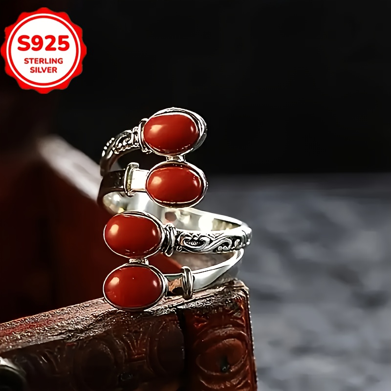TEMU Vintage Red Turquoise 925 Sterling Silver Ring With Adjustable Design, , Exaggerated Design, Suitable For Birthday Or Holiday Gifts, Banquet