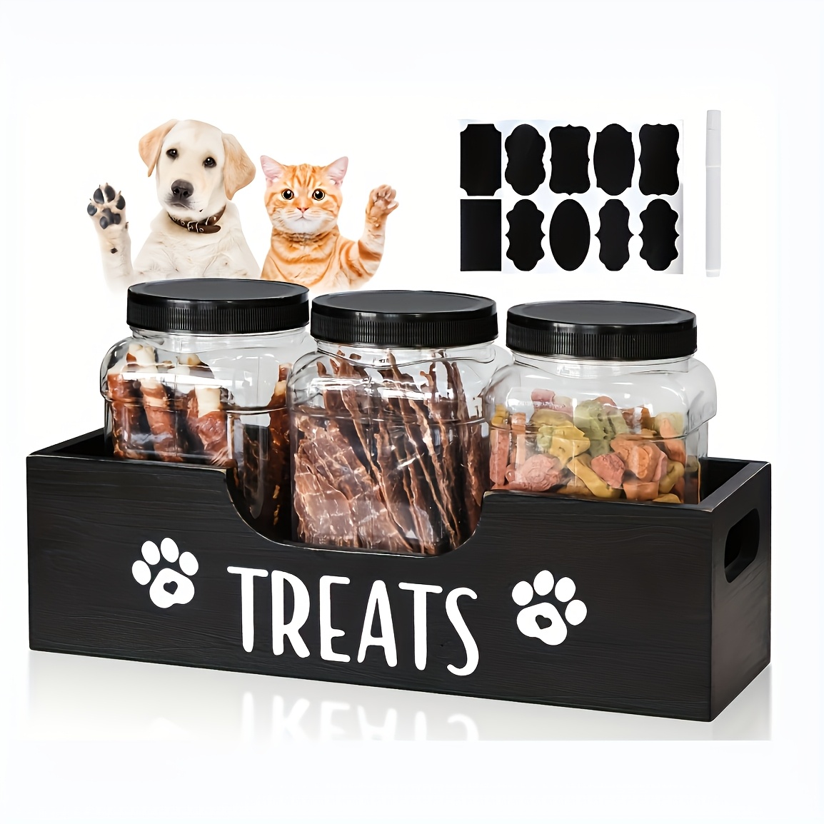 

Wooden Dog Treat Container - 3 Plastic Jars, Farmhouse Pet Food Storage For Dog, Cat, Small Animal, Space-saving Holder For Kitchen Countertop