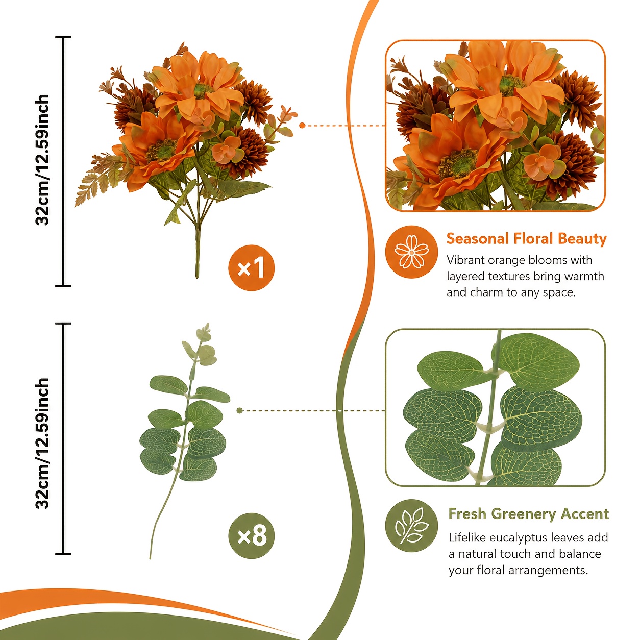 TEMU 9pcs Autumn Orange Sunflower, Brown Chrysanthemum, And Eucalyptus Leaf Mixed Artificial Flower Bouquet, Harvest Warm Orange Rustic Floral