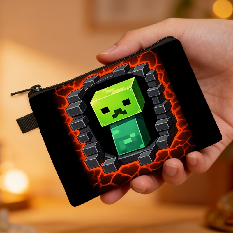 TEMU 1pc Pixel Zombie Themed Coin Purse With Black Zipper Design, Featuring A Flame Brick Wall Pattern, A Cute Accessory For Gaming