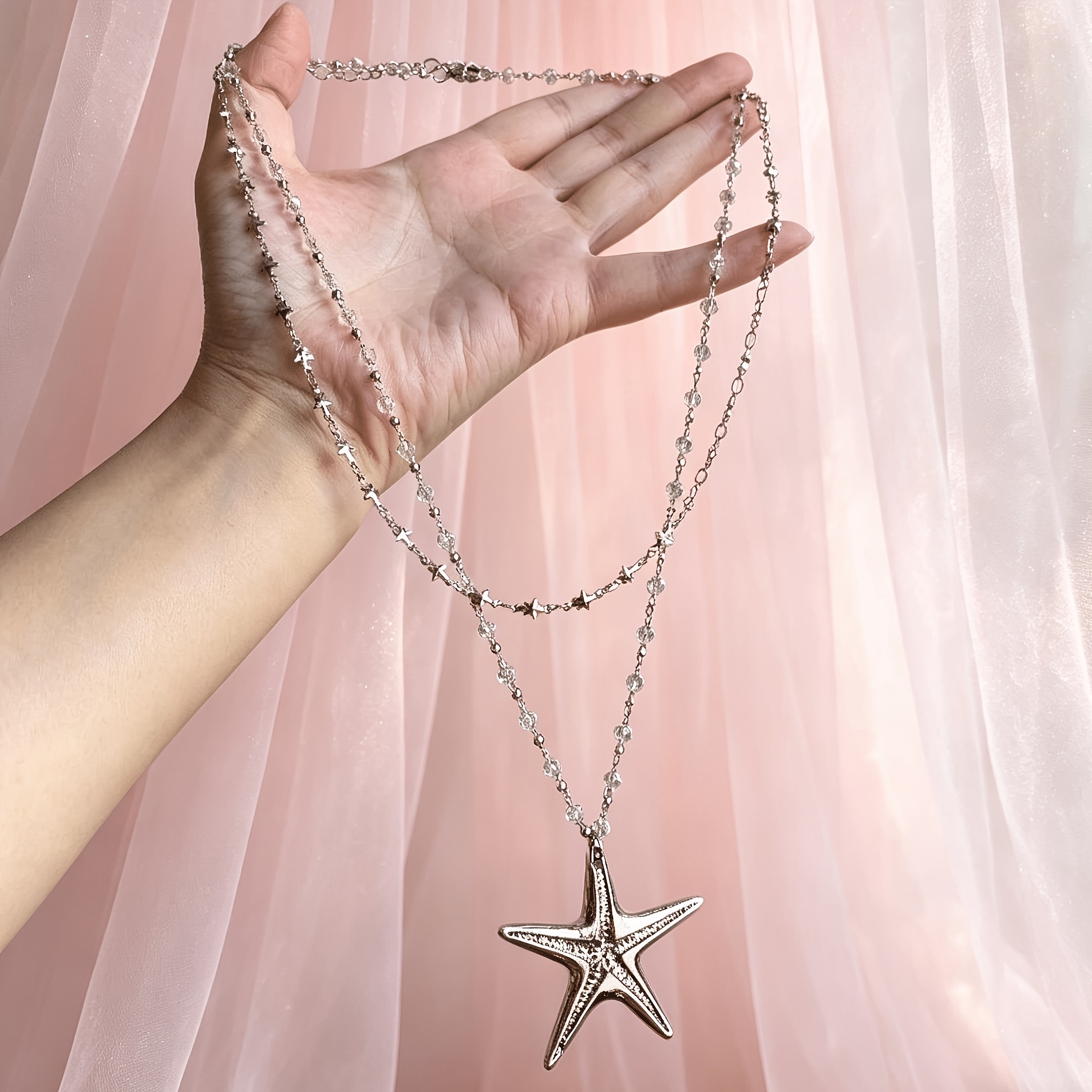 TEMU Collier ras du cou long style doux et cool à double couche avec pendentif étoile de mer argentée, accessoire pour femme