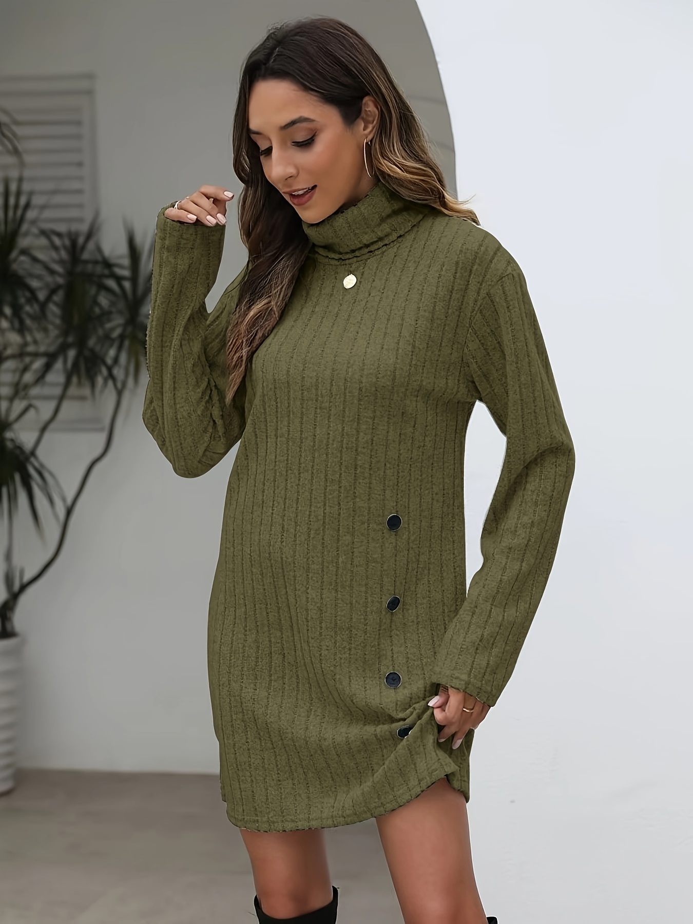 knee length dresses for ladies Women Loose High Neck Maxi Sweater Dresses Q26118– FantasyLinen