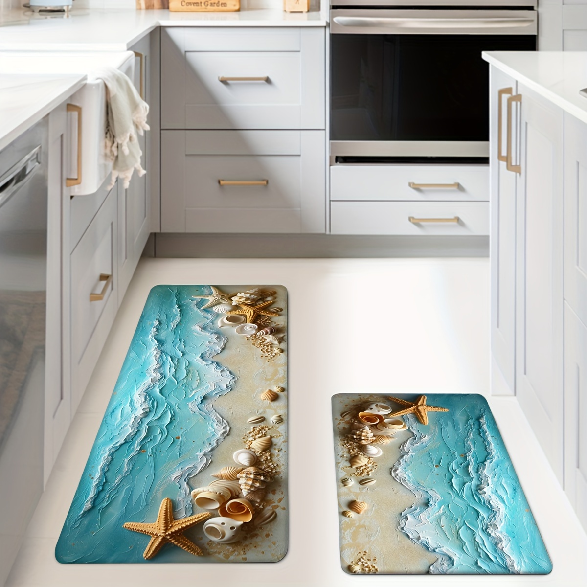 

1pc/2pcs, Sea Shells Kitchen Mats, Non-slip And Durable Bathroom Pads For Floor, Comfortable Standing Runner Rugs, Carpets For Kitchen, Home, Office, Laundry Room, Bathroom, Spring Decor