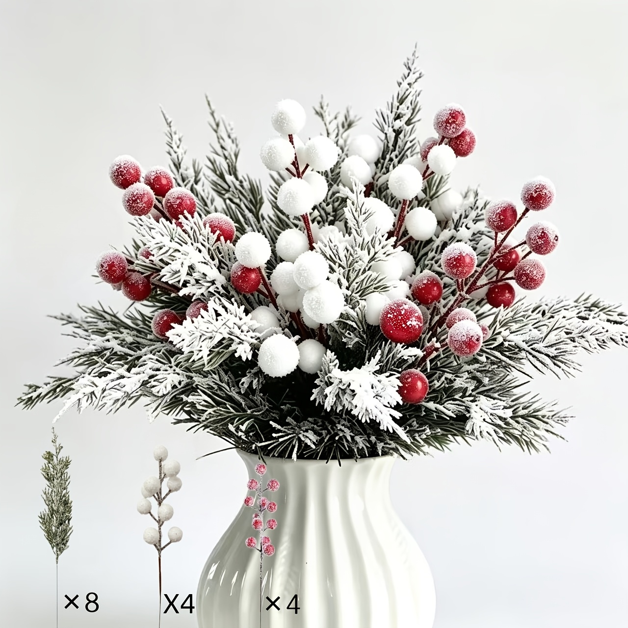 TEMU Arreglo de 16 piezas de flores artificiales en de y y blancas, con un delicado acabado de nieve para crear una atmósfera realista con capas