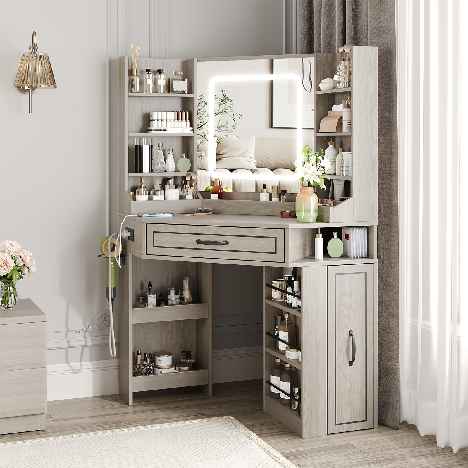 Unique Makeup Vanity Desk with Corner Design, HD LED *, Storage Shelves, 2 Drawers &amp; Cabinets - Charging Station Included