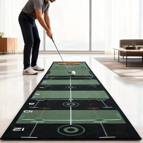 a golf putting mat that of featuring different visual guides to assist with body positioning putting technique ball impact angle and eye placement