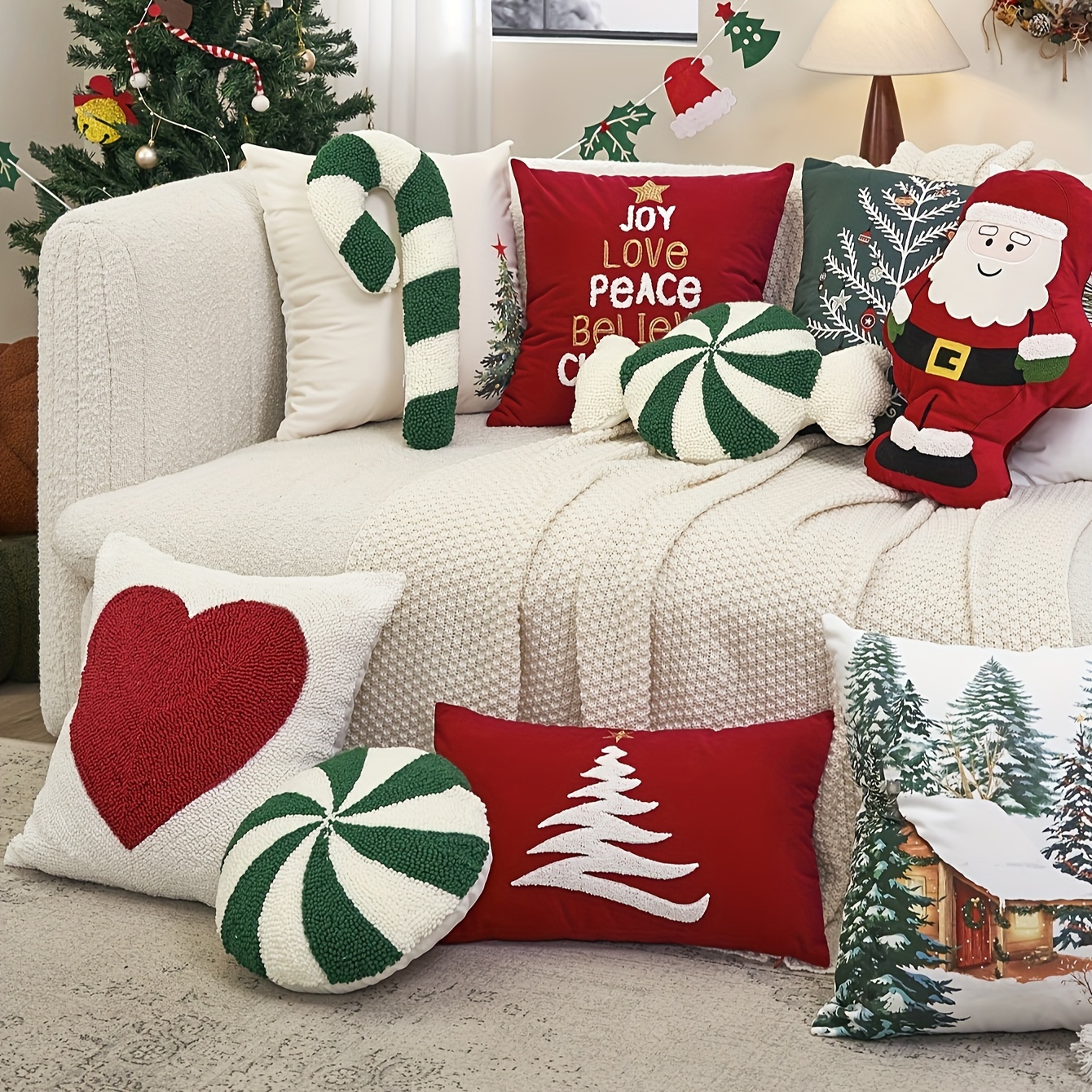 

Classic Pattern Christmas Candy-shaped Embroidered Velour Throw Pillow - Hand Washable, Woven Polyester Fabric, No Print, For Living Room, Bedroom, Garden, Party Decor (single Pack)