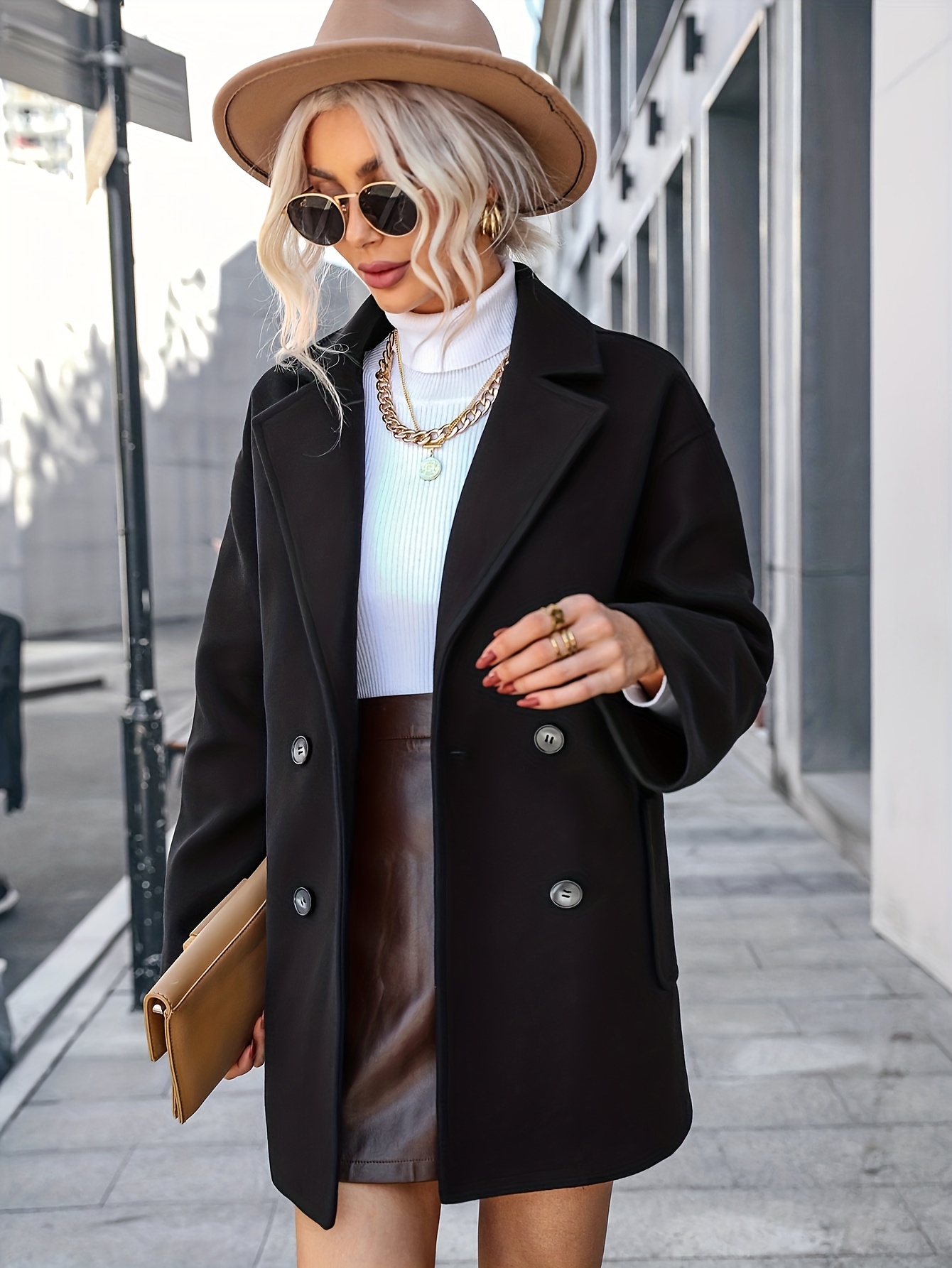 womens elegant winter coat double breasted   silhouette with notch lapel collar   loose fit long sleeve outerwear in navy non stretch fabric for fall winter formal everyday outfits winter coats seasonal fashion Product details 0