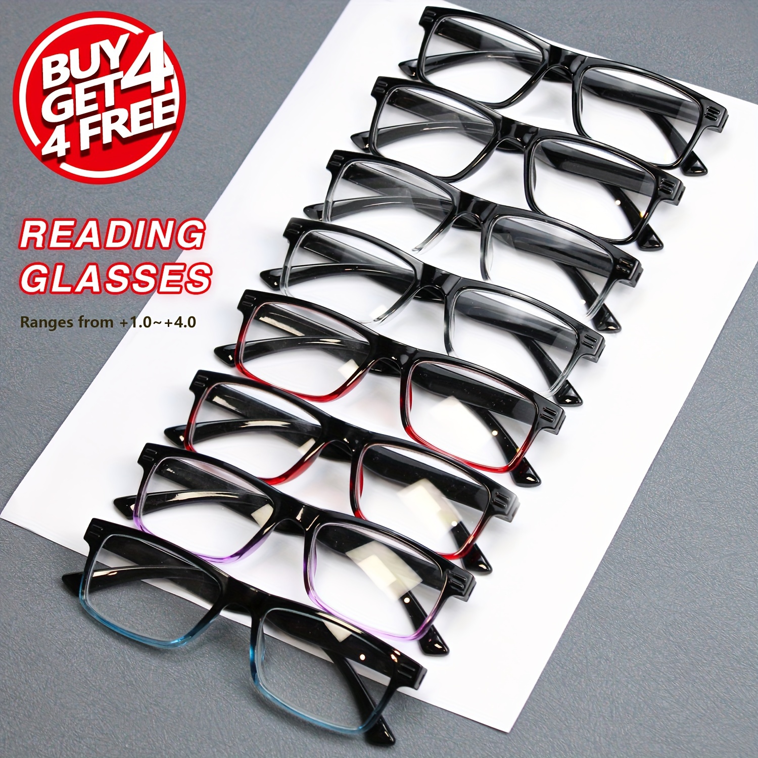 8pcs Classic Rectangle Reading Glasses for Men Women to  Magnification Strengths, Lightweight Polycarbonate Lenses Durable Plastic 