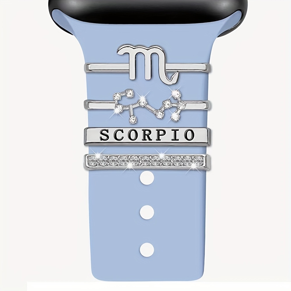 Image of Set Of 4 Sparkling Zodiac Watchband Ring Loops - Glittering Rhinestone Charms For Iwatch - Featuring Zodiac Designs, For Iwatch Strap For Women, Bracelet Watch