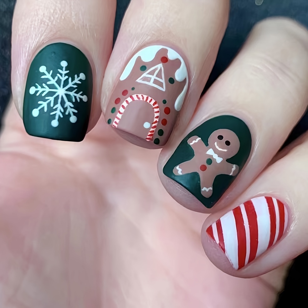 

24pcs Christmas Press-on Nails Set - Short Square, With Red & Designs Including Trees, Candy Canes &