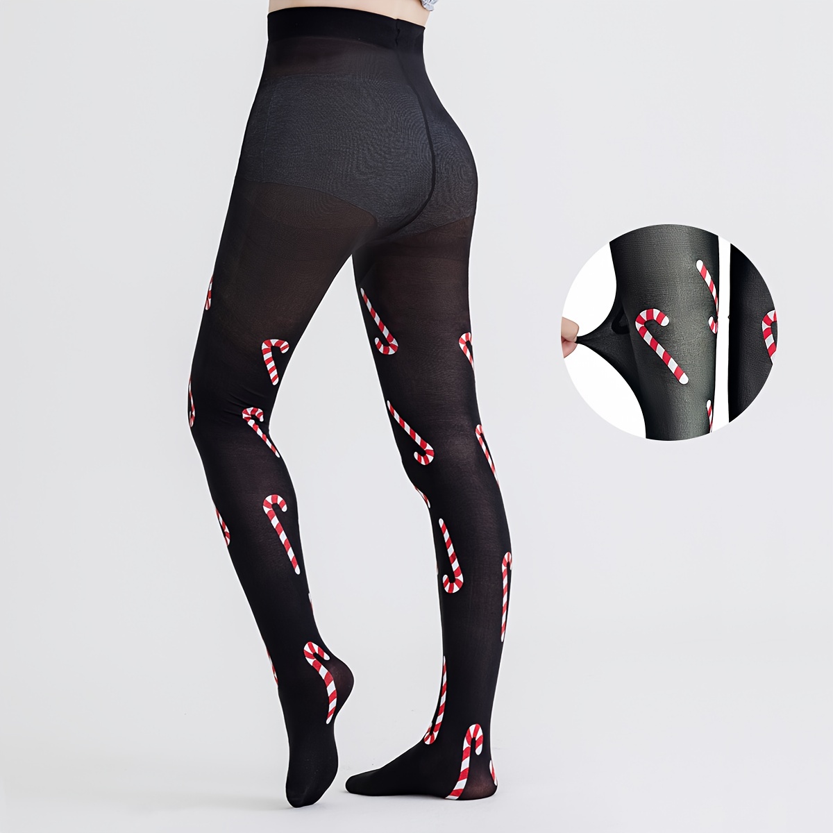 100d Women's Velvet Tights, High-stretch Comfortable Bodystockings, Christmas Candy Cane Print Thick Stockings