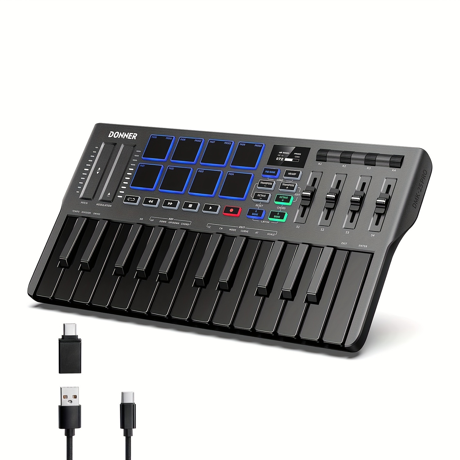 

Donner Dmk25 Pro Midi Keyboard Controller, 25 Mini Key Portable Usb-c Midi Keyboard With 8 Drum Pads, Oled Display, Personalized , Music Software And 40 Free Courses