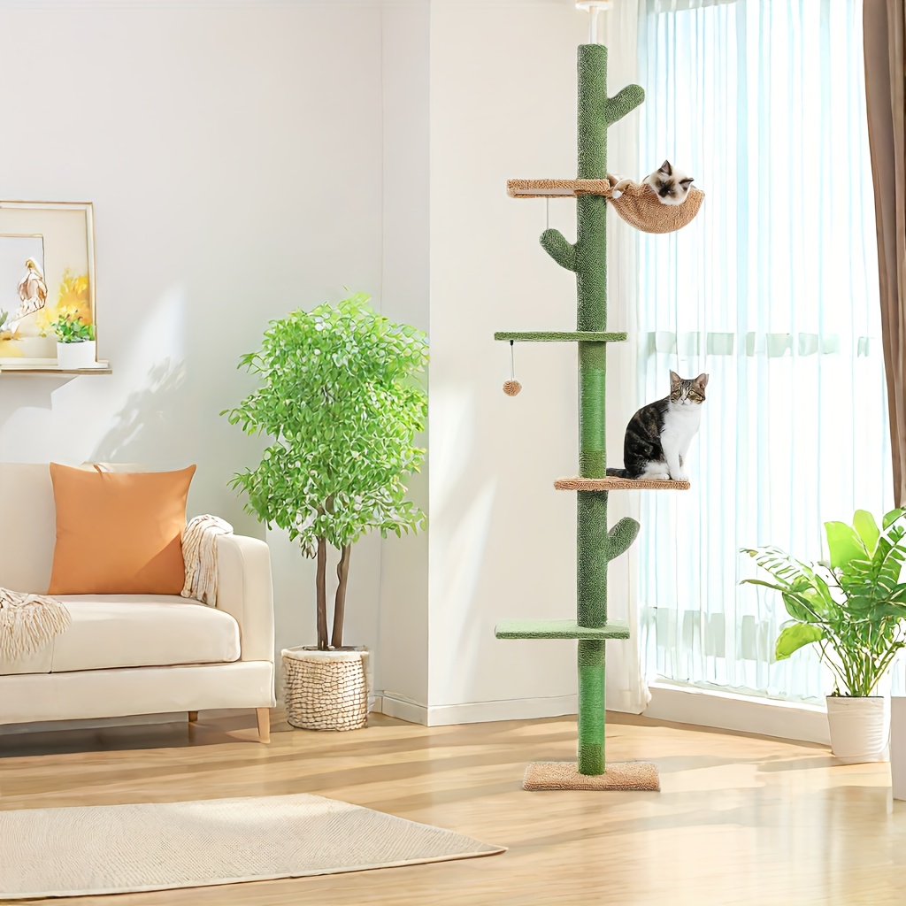 

Cactus Style Cat Tower With Adjustable Height 95-108 Inches, , Place, Indoor Cat Swing Ball, Large Cat Climbing Frame, Cat Nest, Cat Scratching Board, Green