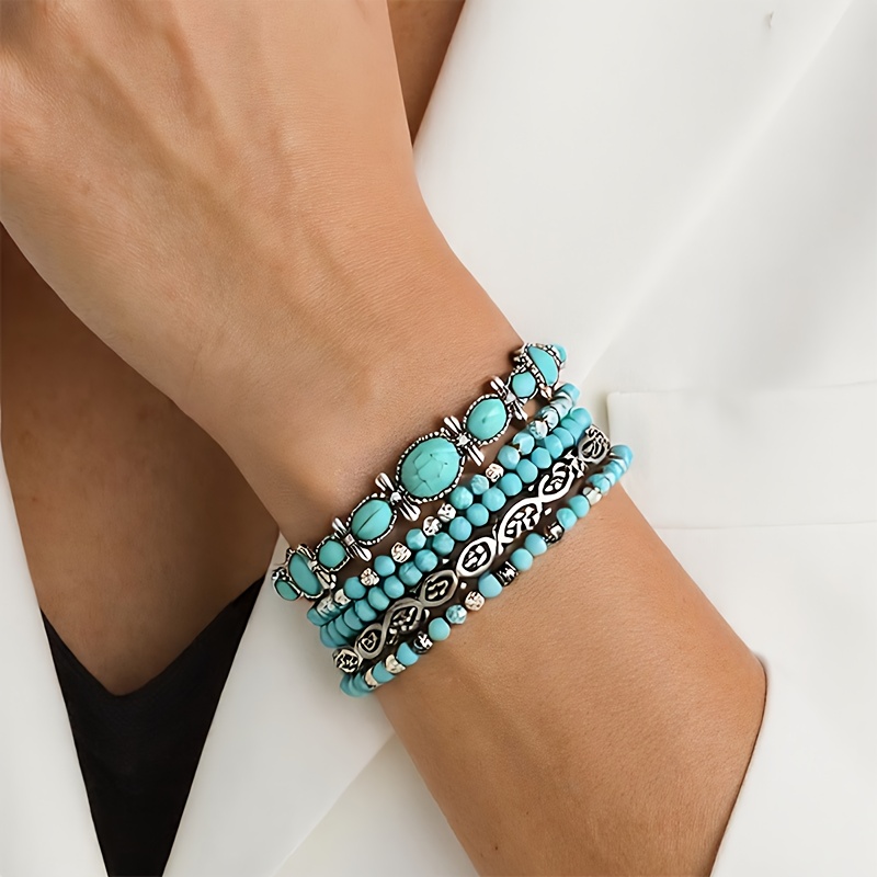 TEMU 1 Set Of 5pcs Elastic Rope Beaded Bohemian-style Bracelet, A European Fashion Accessory Suitable For Gifting And Daily Wear