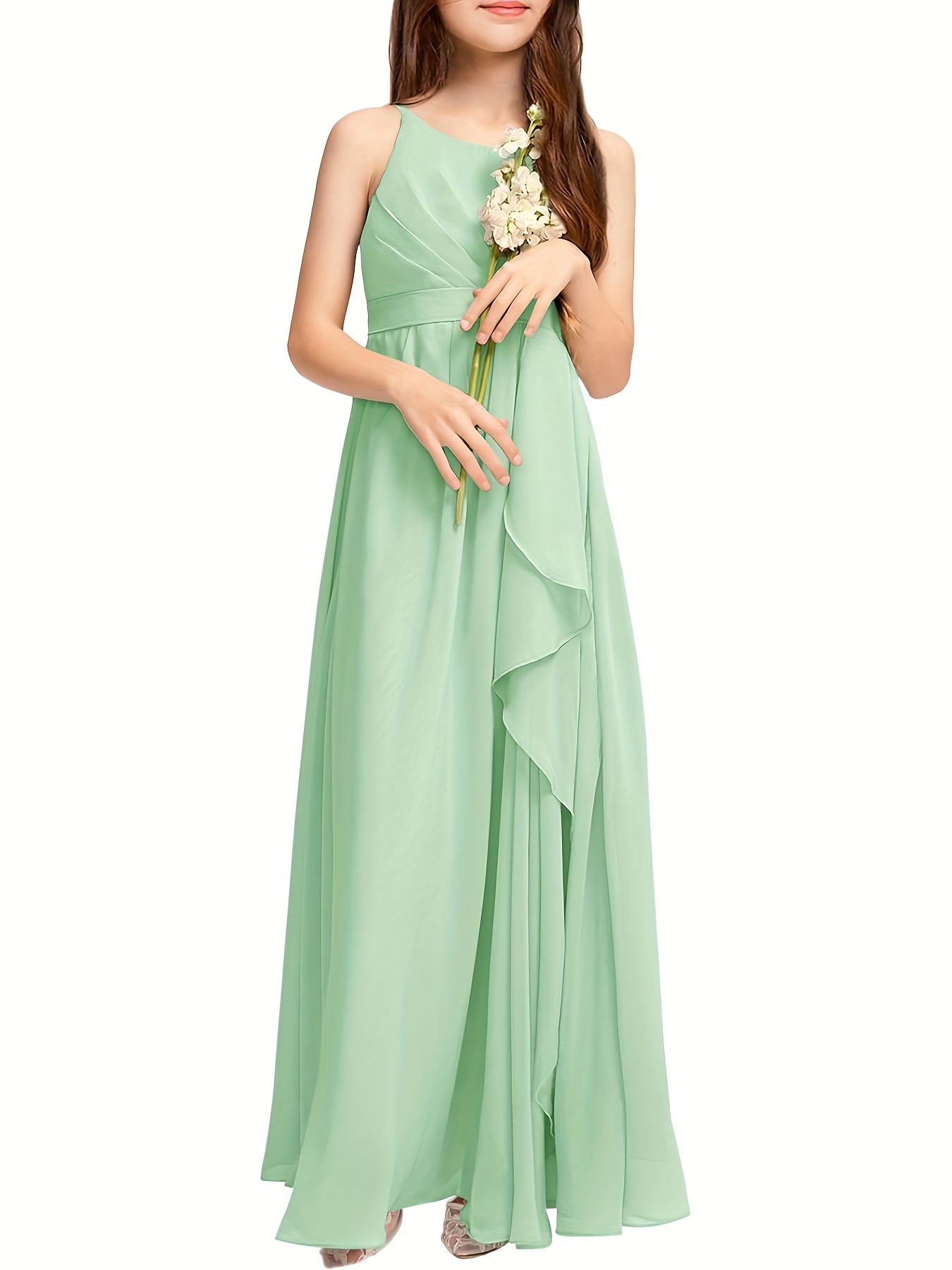 chinese dress ladies Long Chiffon Junior Bridesmaid Dress with Flutter Sleeves – DUNTERY main image 0