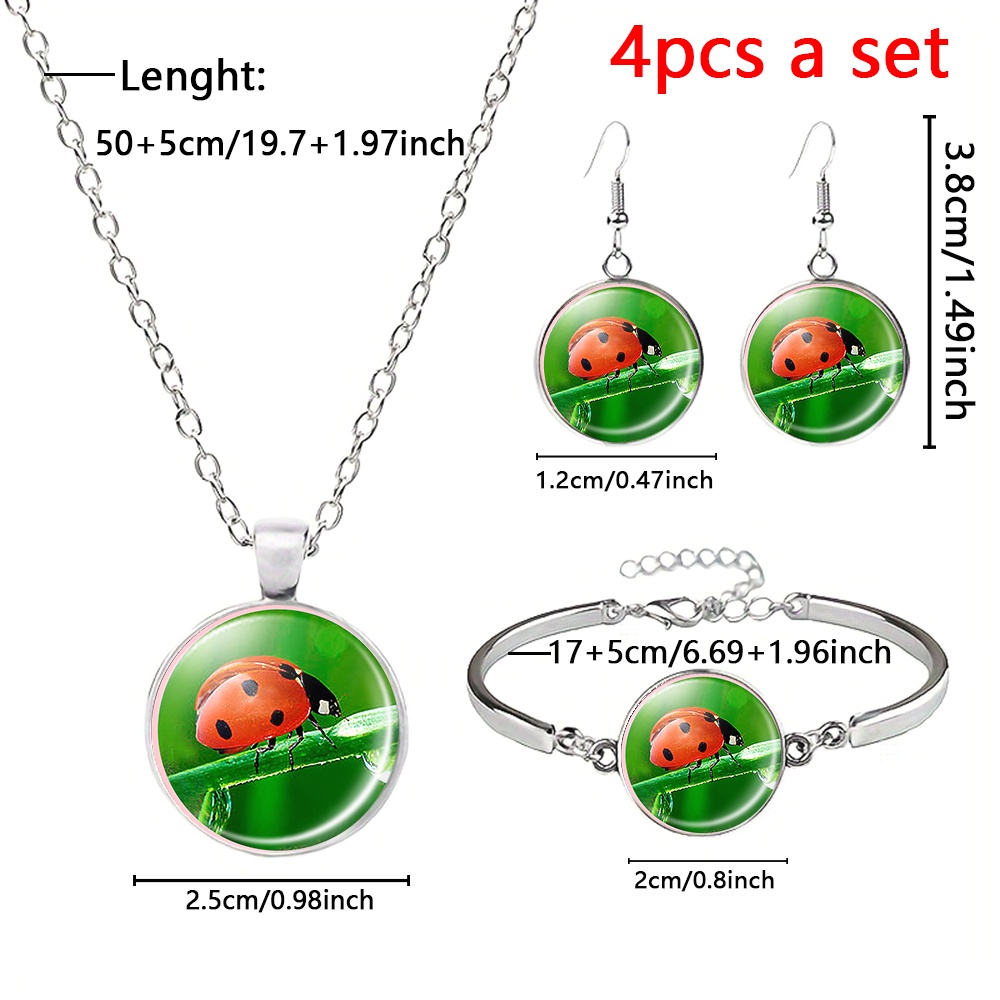 4pcs White Ladybug Jewelry Set, Necklace, Bracelet, Earrings