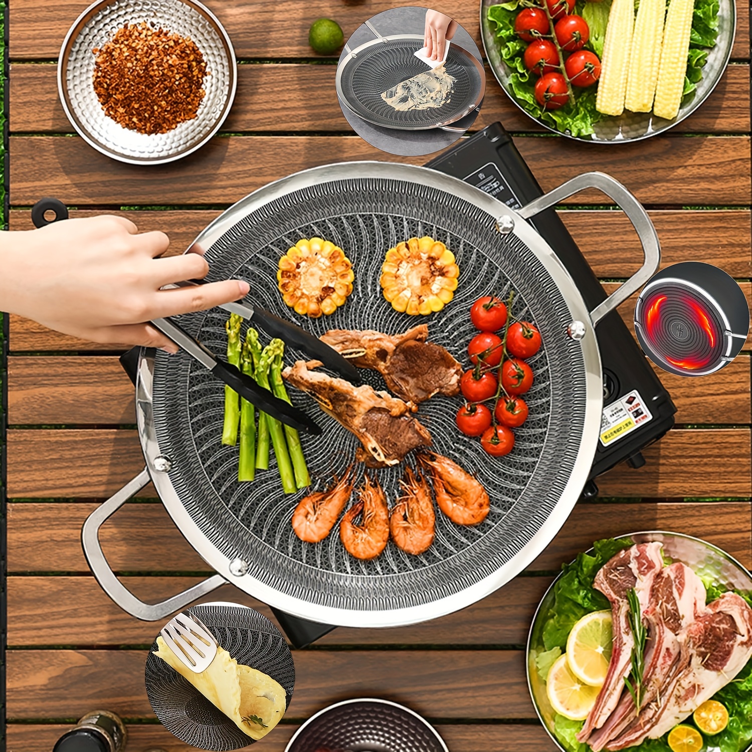 3 layer stainless steel round bbq grill pan with integrated thickening circle pot bottom nonstick griddle with double handles sturdy cooking plate for meats pancakes frying baking camping hiking and other oa 20s rapid heat conduction 0