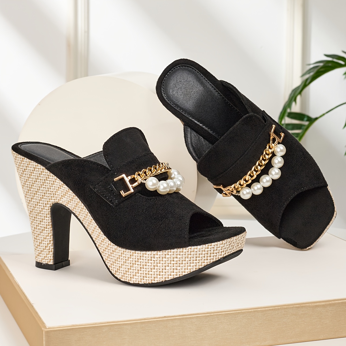 elegant womens chunky heeled sandals with a bohemian style featuring comfortable and pearl chain details   slip on shoes are versatile for casual   parties and dances women shoes Product details 4