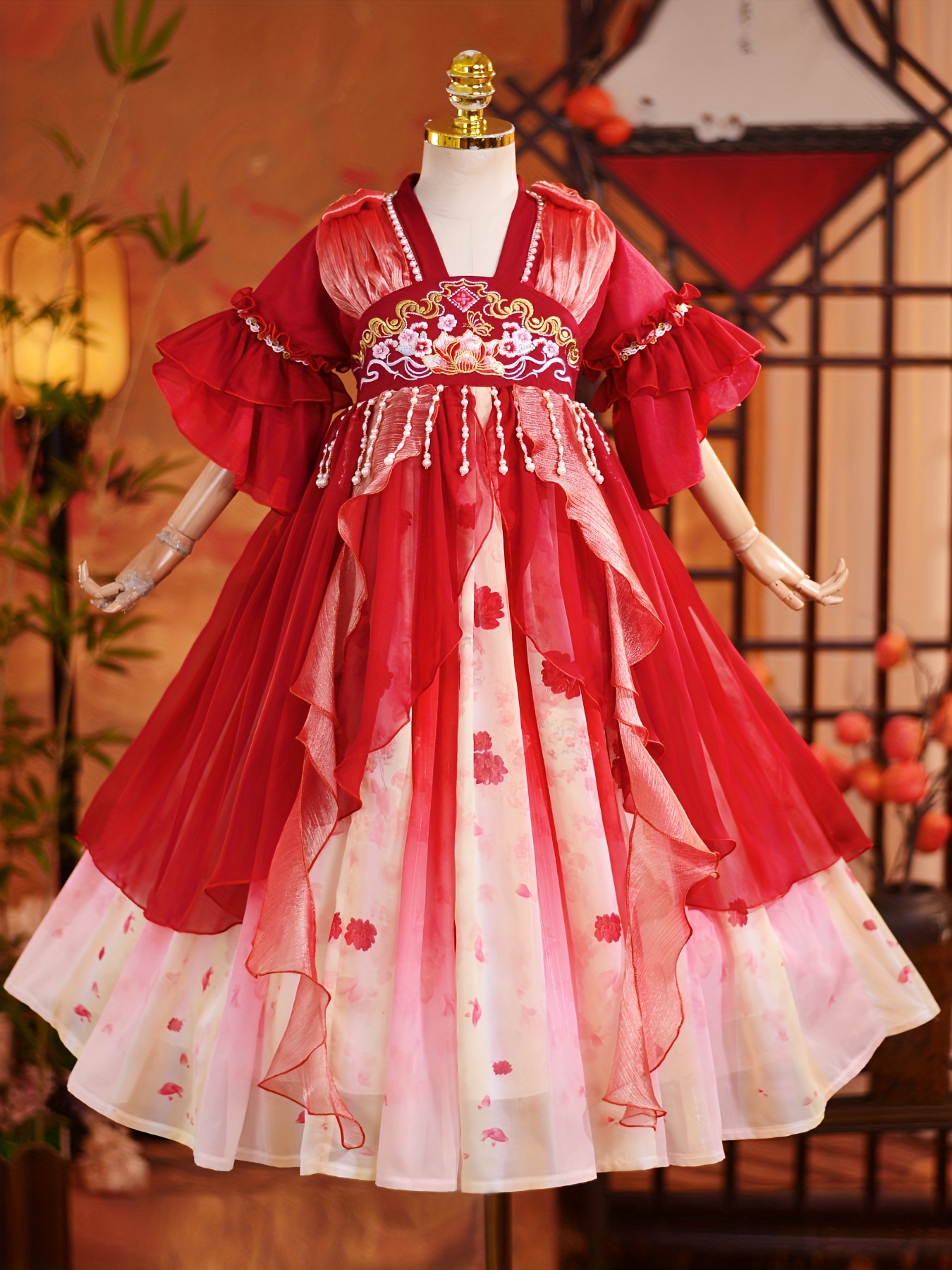 Girls' Vintage Chinese Tang Suit Dress Red White Embroidered Floral  Beaded Umbrella Skirt for Birthday Parties, Stage Performances Cultural 