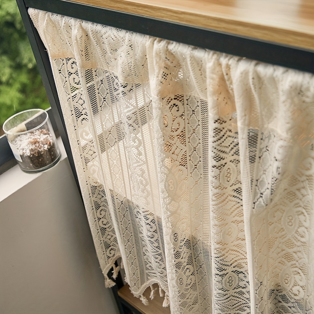 boho geometric pattern lace tassel cafe curtain tiers polyester woven semi sheer rod pocket kitchen window curtains with thermal insulated feature hand wash only   uncorded details 6