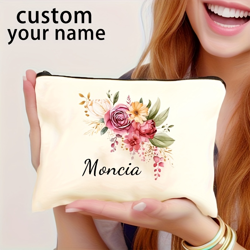 A Custom Name Floral Pattern Everyday Gift Makeup Bag, Featuring A Personalized Name Polyester Cosmetic Pouch, A Unisex Adult Travel Toiletries Storage Bag, The Gift For , Family, And