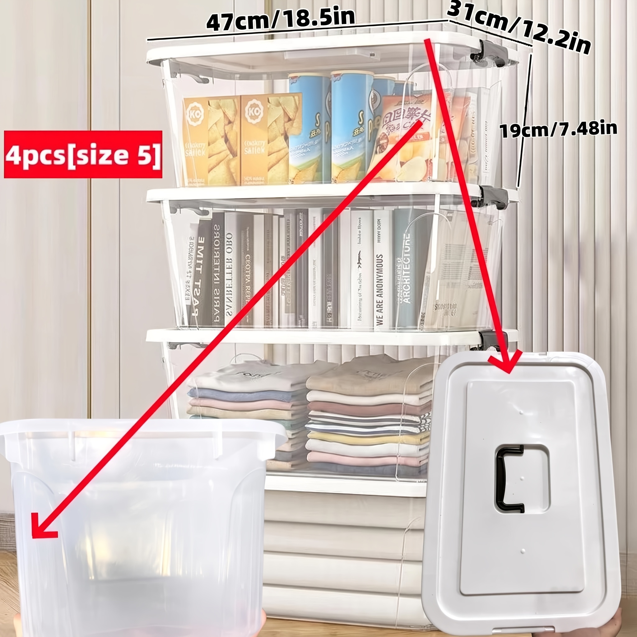 Image of 4pcs Stackable Storage Bins Set Transparent - 5 Sizes For Study/garage/kitchen/bathroom/home/organization, Under-bed Storage
