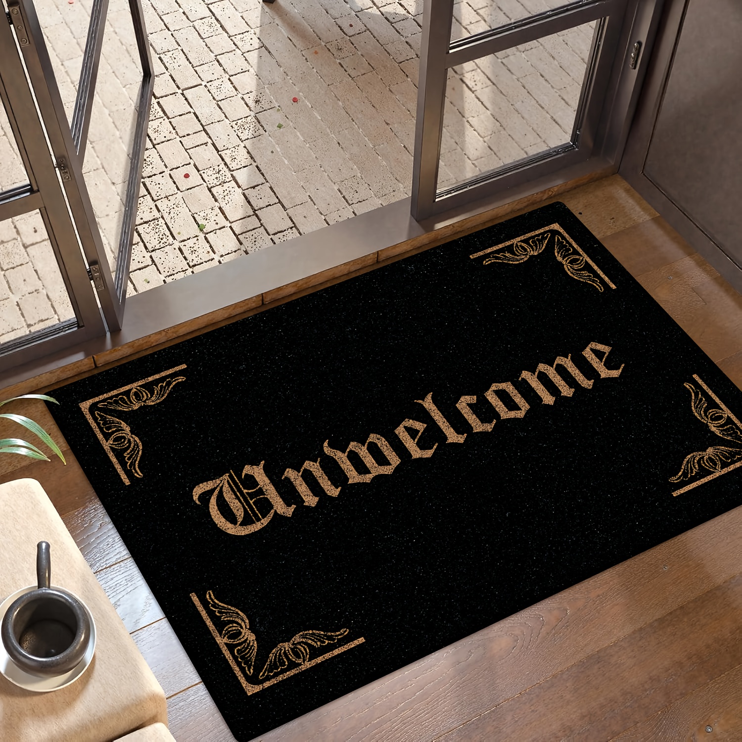 TEMU [ Product] [flannel And 1cm Thick Sponge Material] Fun Door Mat With Black Background And , Gothic Font Displaying "" , Suitable For Bedroom,