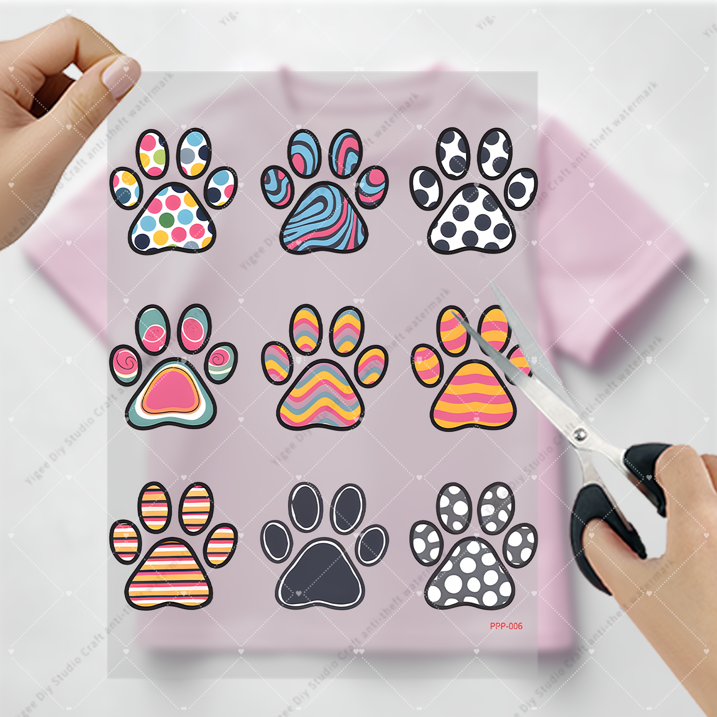 E-shop 2D-Flach, 9-teiliges Set, 2D-Druck, niedliches Vektor-Cartoon-Pfotenabdruck-Muster, Vinyl-Heißpress-Aufnäher, weiße Tinte zum Aufbügeln,