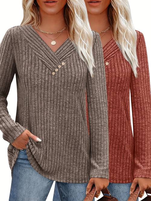 2-delige damesmode top en casual lange mouw trui met v-hals knopen voor de herfst en winter trui