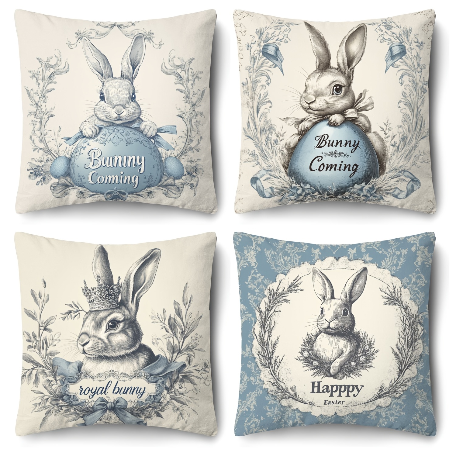 

4pcs Modern Easter Bunny Throw Pillow Covers, 18x18 Inch Linen Knit Fabric Cushion Cases With Zipper Closure, Machine Washable, Decorative Printed Pillowcases For Living Room Sofa And Home Decor