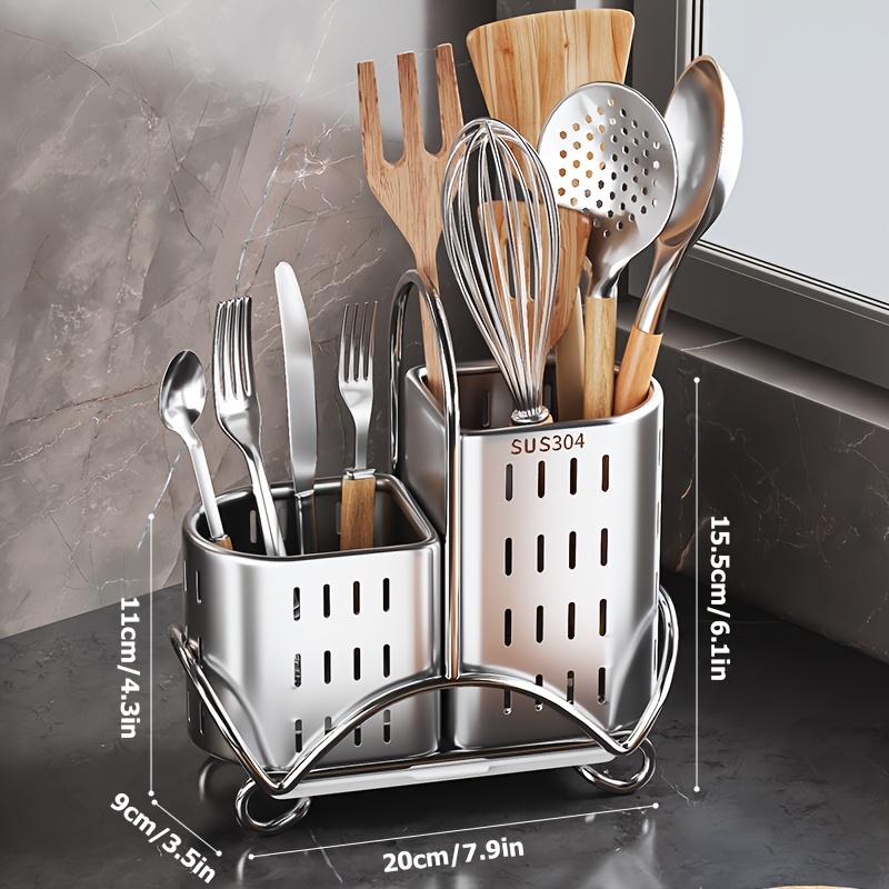 TEMU 1pc 304 Stainless Steel Utensil Holder, Kitchenware Storage Rack, Metal Kitchenware Holder For Knives, Forks, Spatulas, Spoons, Multifunctional