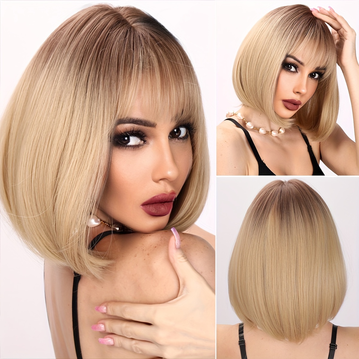 

Smilco 14 Inch Light Brown High Gloss Dyed Fashionable Bangs Straight Hair Wig Bob Wig, Women's Headwear Synthetic Fiber Wig - Heat-resistant, Easy To Shape, Rose Mesh Hat To Create A Daily Look