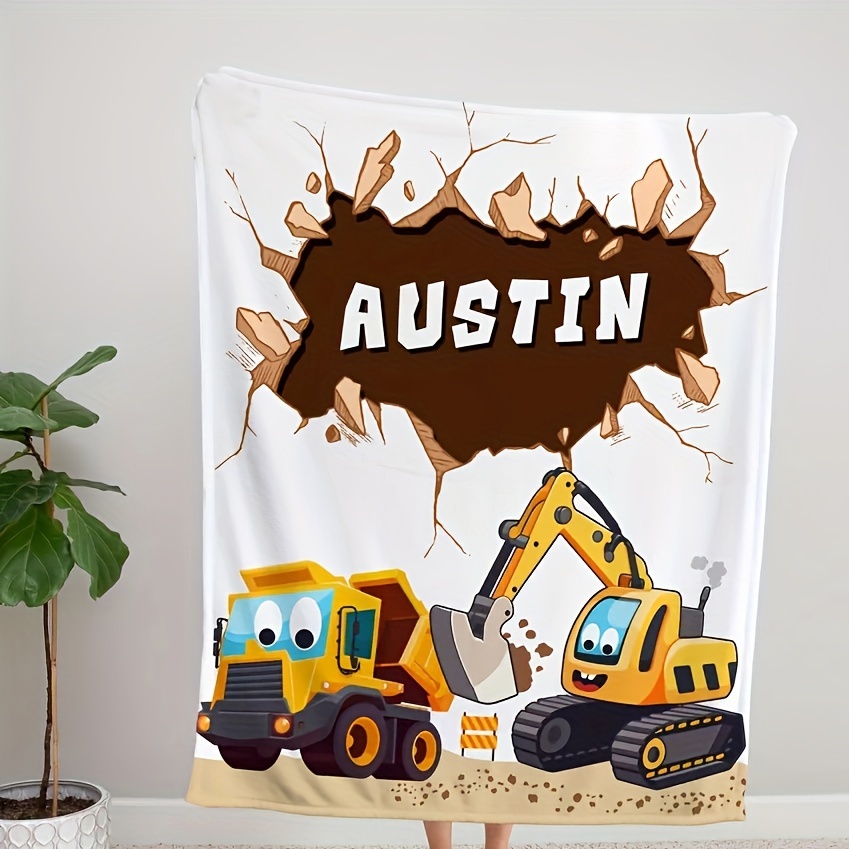 

Custom Text Excavator Print Flannel Throw Blanket - Personalized, For Couch, Bed, Travel, Camping, Living Room, Office - Machine Washable, Comfort