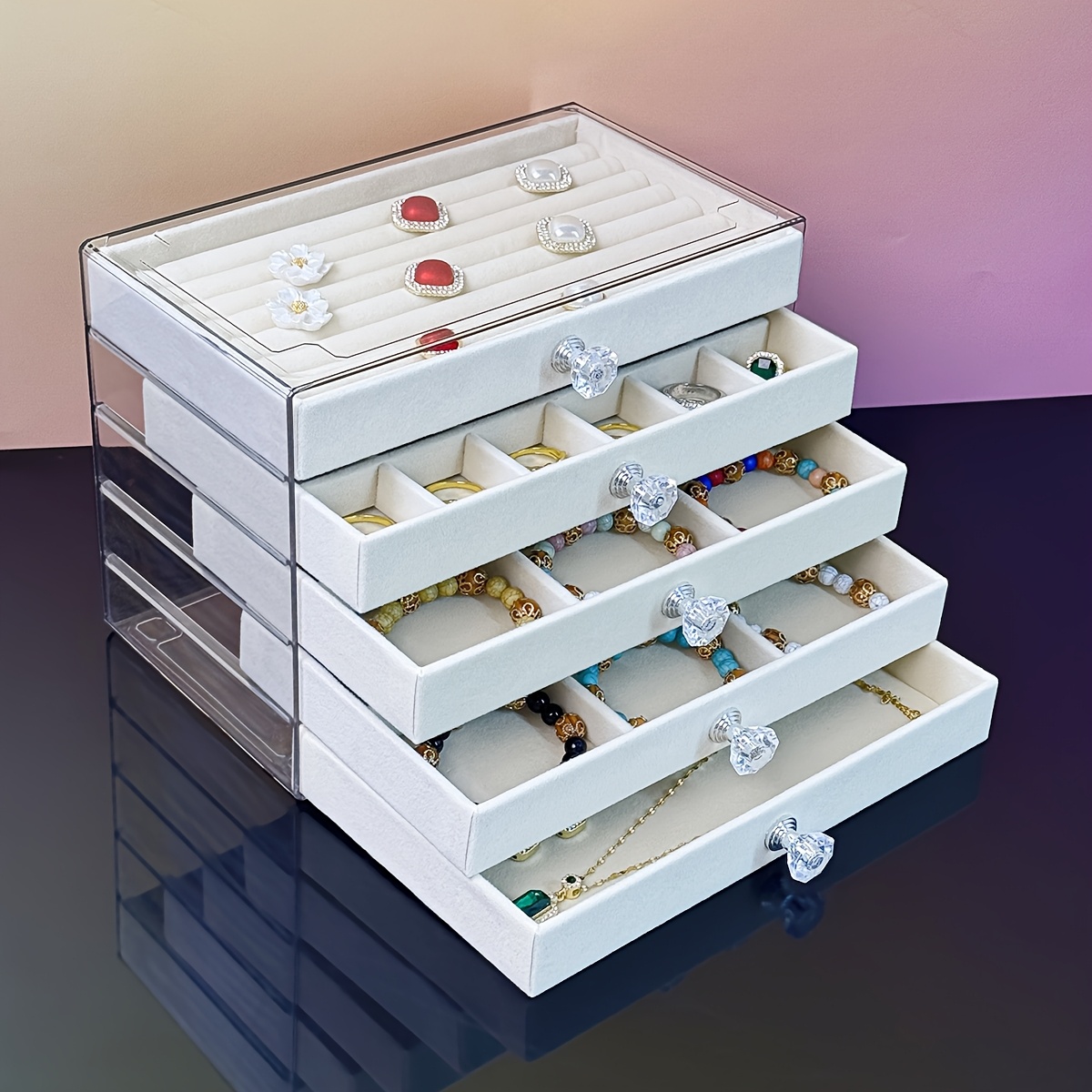 5 tier jewelry organizer box with transparent lids soft fabric lined compartments beige contemporary desktop storage for rings bracelets necklaces durable plastic multi use display case jewelry organizer storage polished   clear lid design jewelry boxes Product details 5