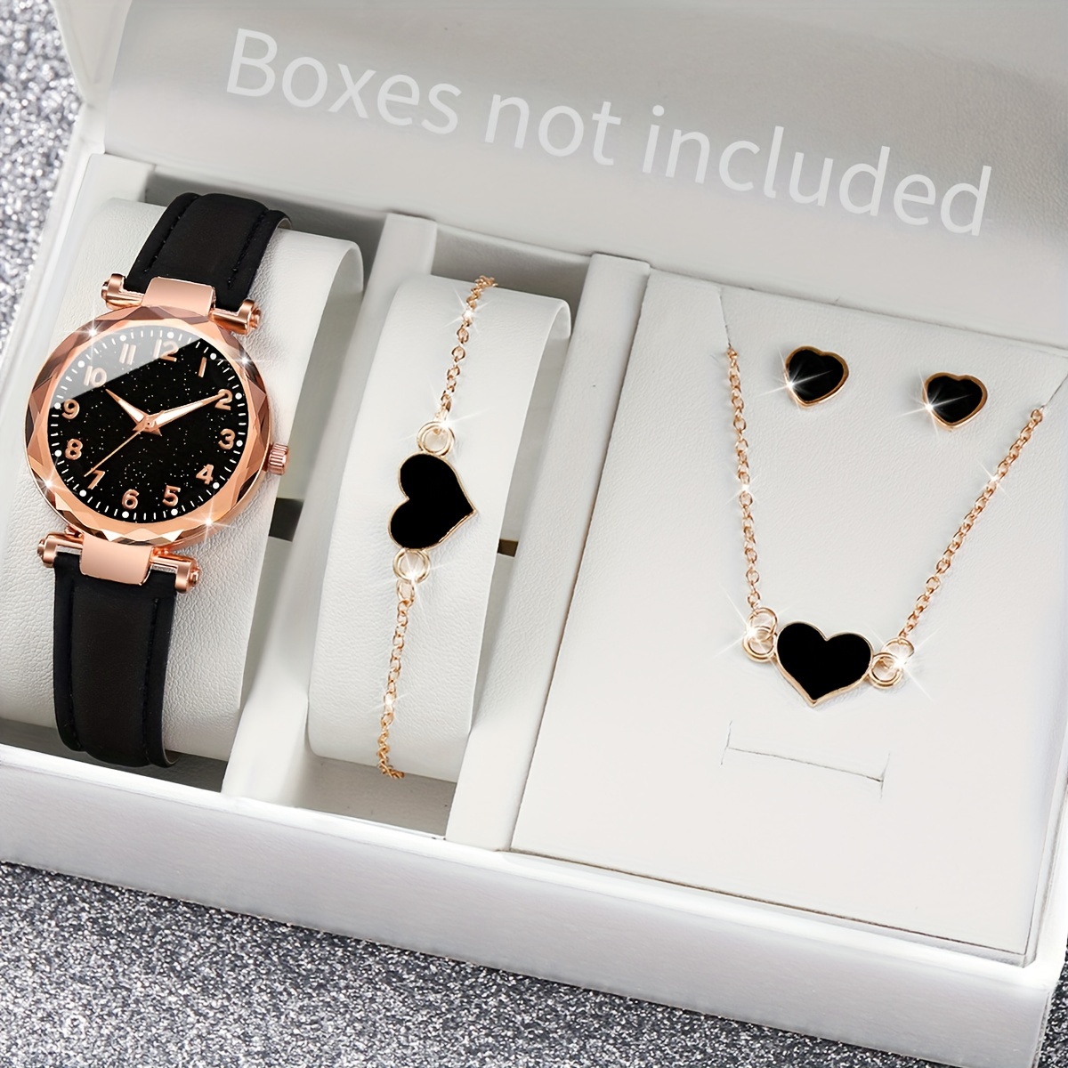 

5pcs/set Women's Starry Fashion Quartz Watch Analog Pu Leather Wrist Watch & Heart Jewelry Set, Valentine's Day Gift For Her