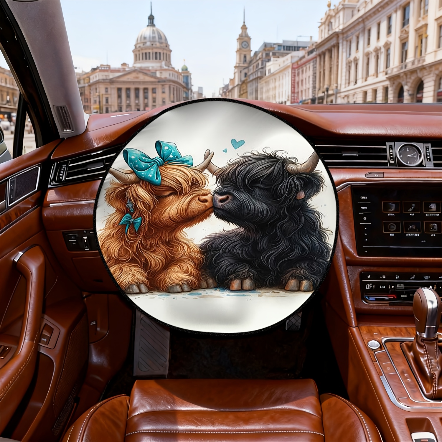 TEMU 1pc, Cute And Adorable Scottish Highland Cow Couple 2d Flat Printed Pattern Steering Wheel Sunshade, Car Interior Decoration, Light-blocking,
