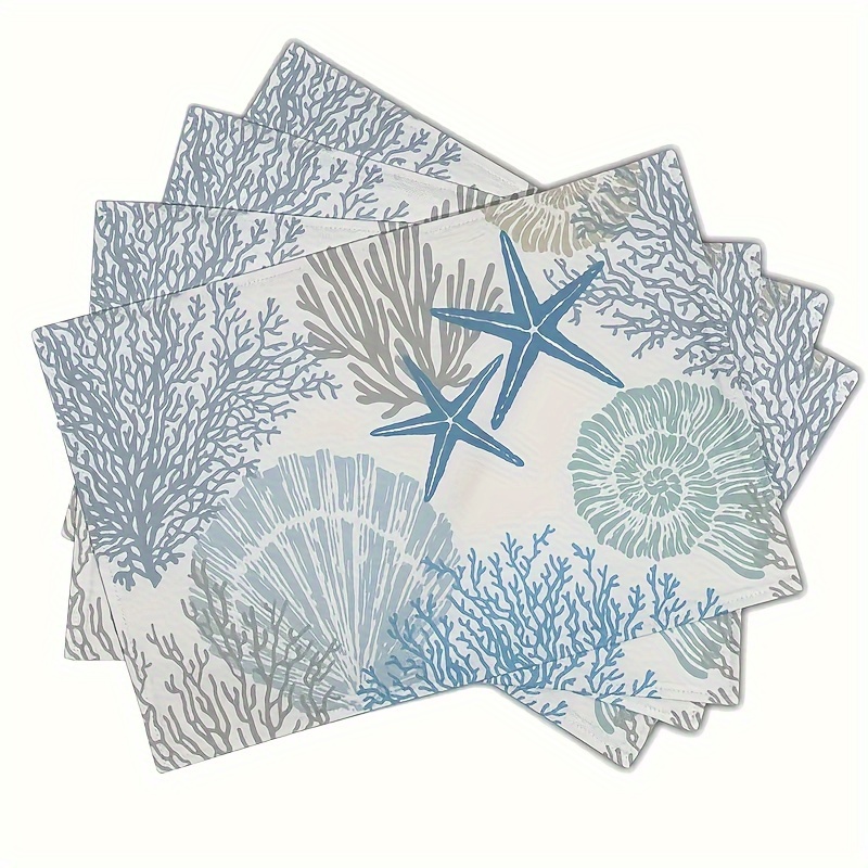 

4/6pcs, Table Pads, Ocean Theme Placemats, Blue Starfish And Coral Printed Table Pads, Linen Insulated Table Mats For Home, Kitchen & Dining, Outdoor Picnic, Family Party Decor