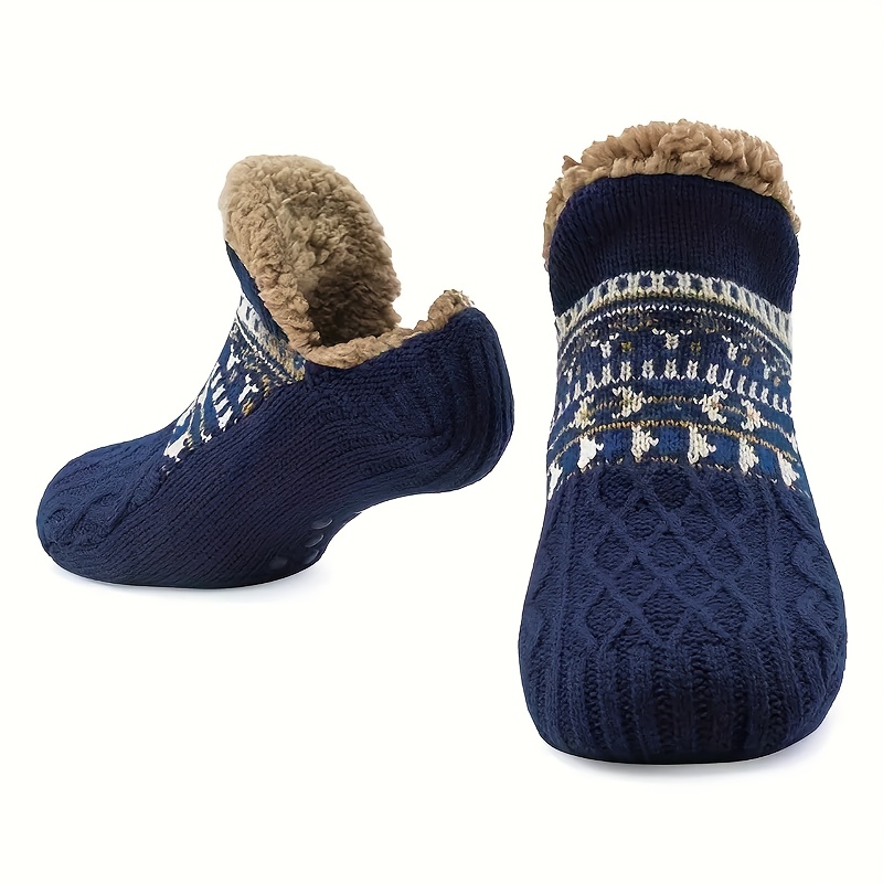Image of 1 Pair - Sherpa Men's Comfortable Soft Bed Shoes, Warm Non-slip Striped Winter Slippers, Cozy , Unisex Gift