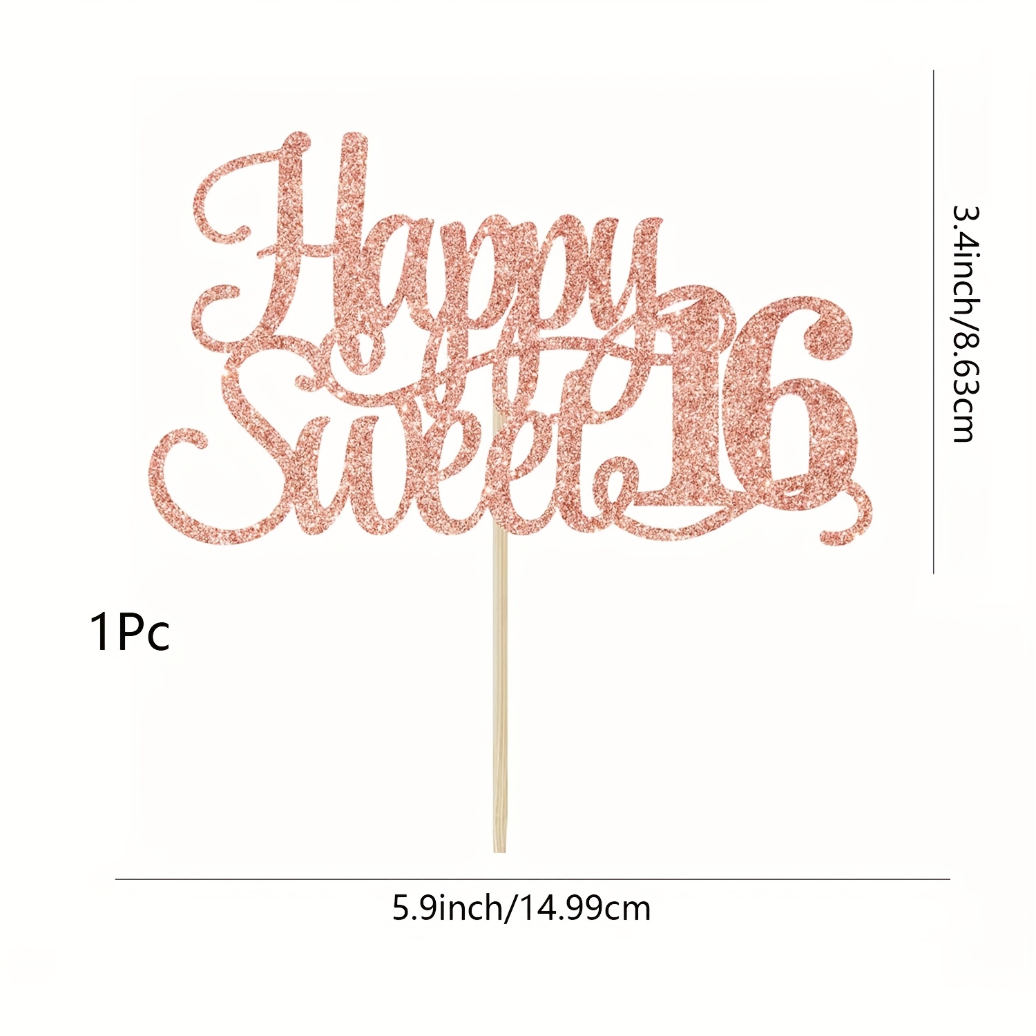 1pc Rose Golden Glitter 16 Cake Topper - Happy 16th Birthday Cake Decor - Hello 16, Cheers To 16 Years Birthday Party Decoration Supplies