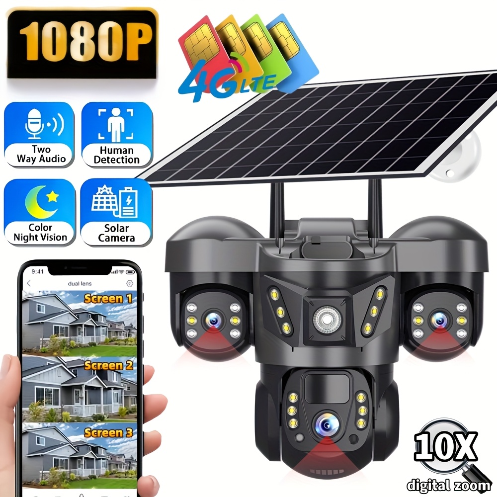 Artikelbild     4g netzwerk-solar-kamera, dreifach-ansicht dreifach-bildschirm, ip66 sicherheitskamera, heimüberwachungskamera, 24-stunden-betrieb ohne aufladung, zwei-wege- -audio-gegensprechanlage, sprachalarm, bewegungserkennungsalarm, ki-menschenerkennung mit bild-push, 8w solarpanel