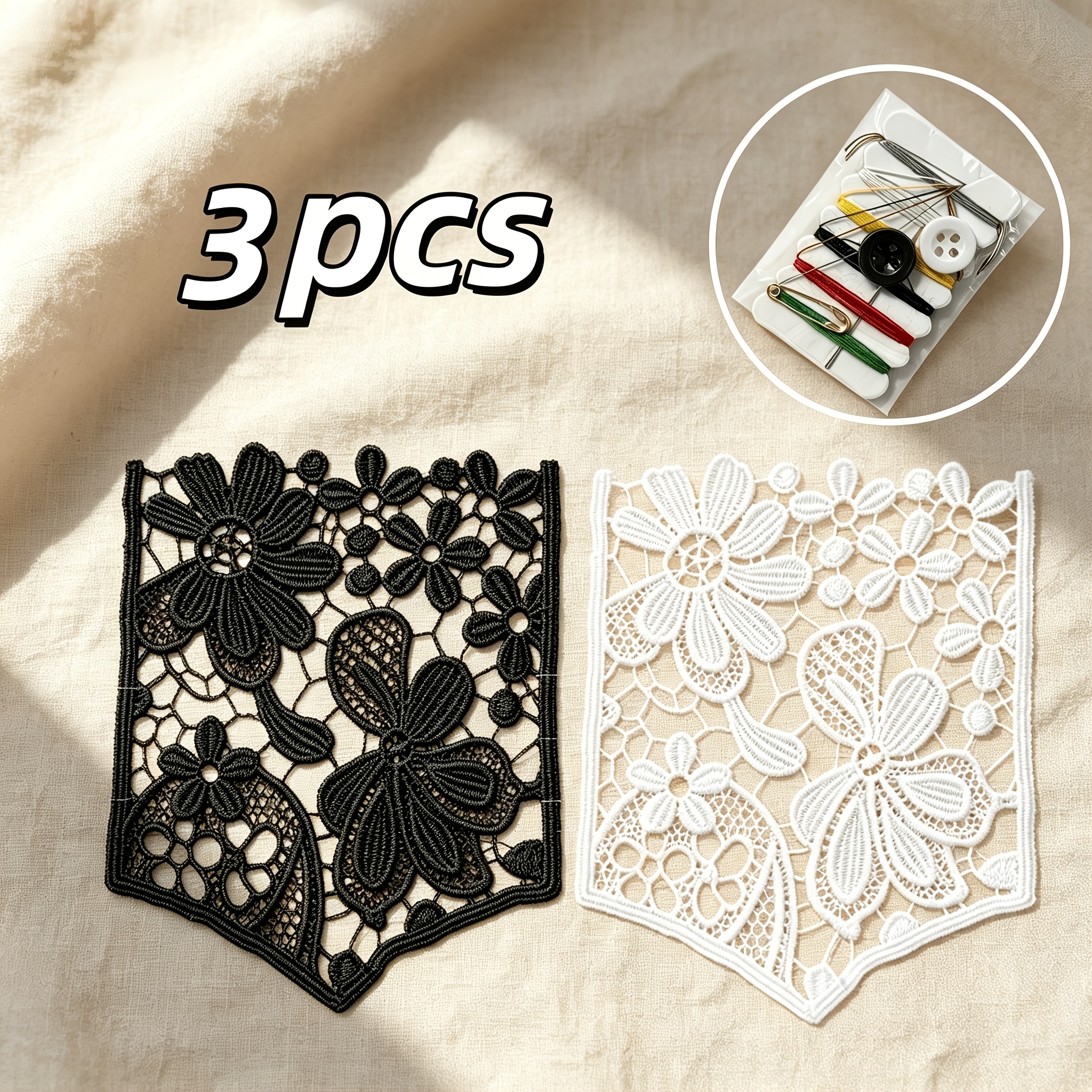 TEMU 3pcs Black And White Floral Lace Iron-on And Sew-on Patches, Including 2 Iron-on Patches And 1 Sewing Kit. Hollow-out Floral Embroidered Patches