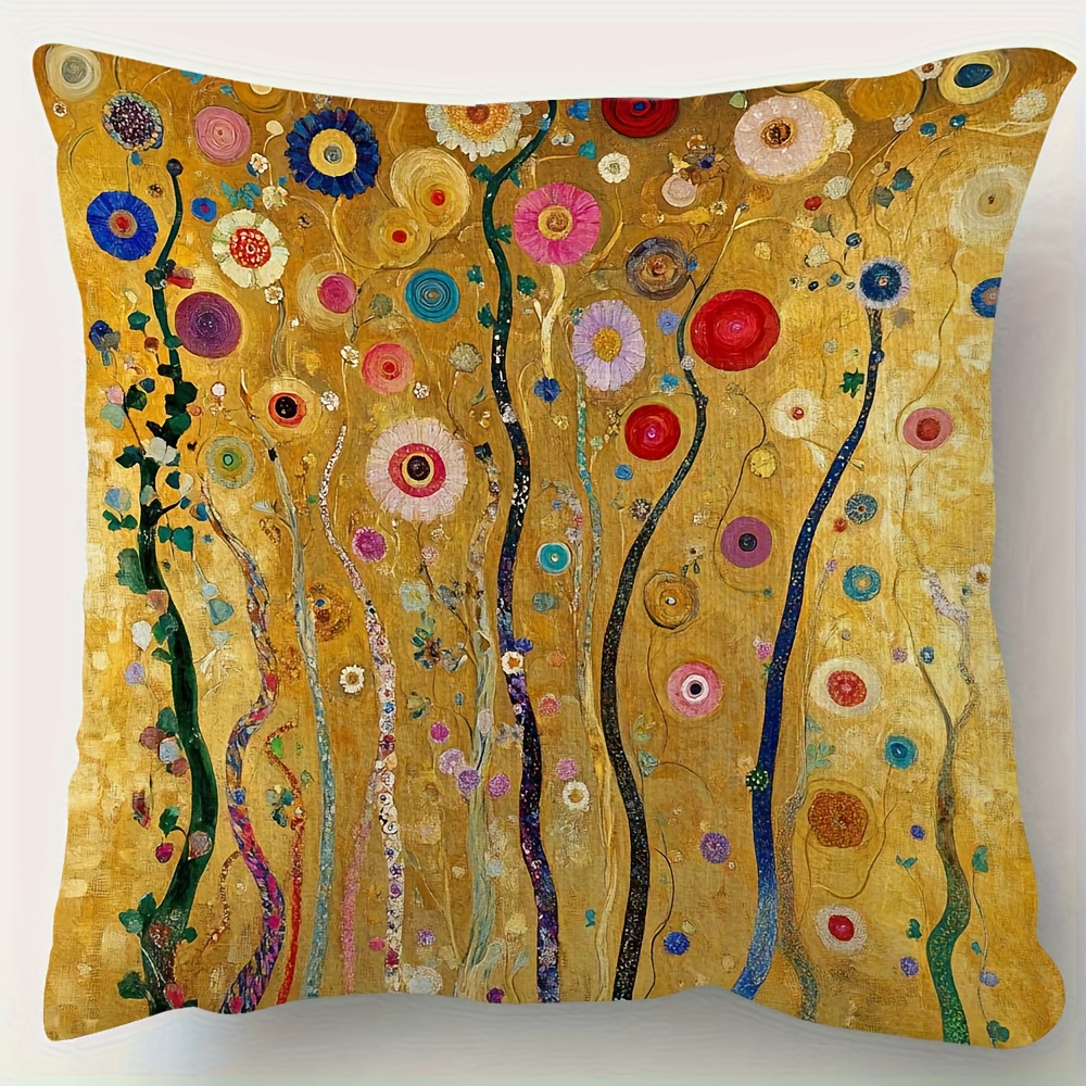 TEMU Une housse de coussin inspirée de Klimt avec des floraux dorés, mesurant 18X18 pouces, taie d'oreiller décorative courte double face en peluche