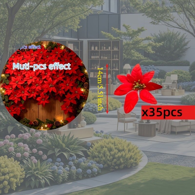 TEMU 35pcs Large Artificial Poinsettia Flower Heads, With Plush That Are Full And Three-dimensional, Maintaining Their Vibrant Color For A Long Time