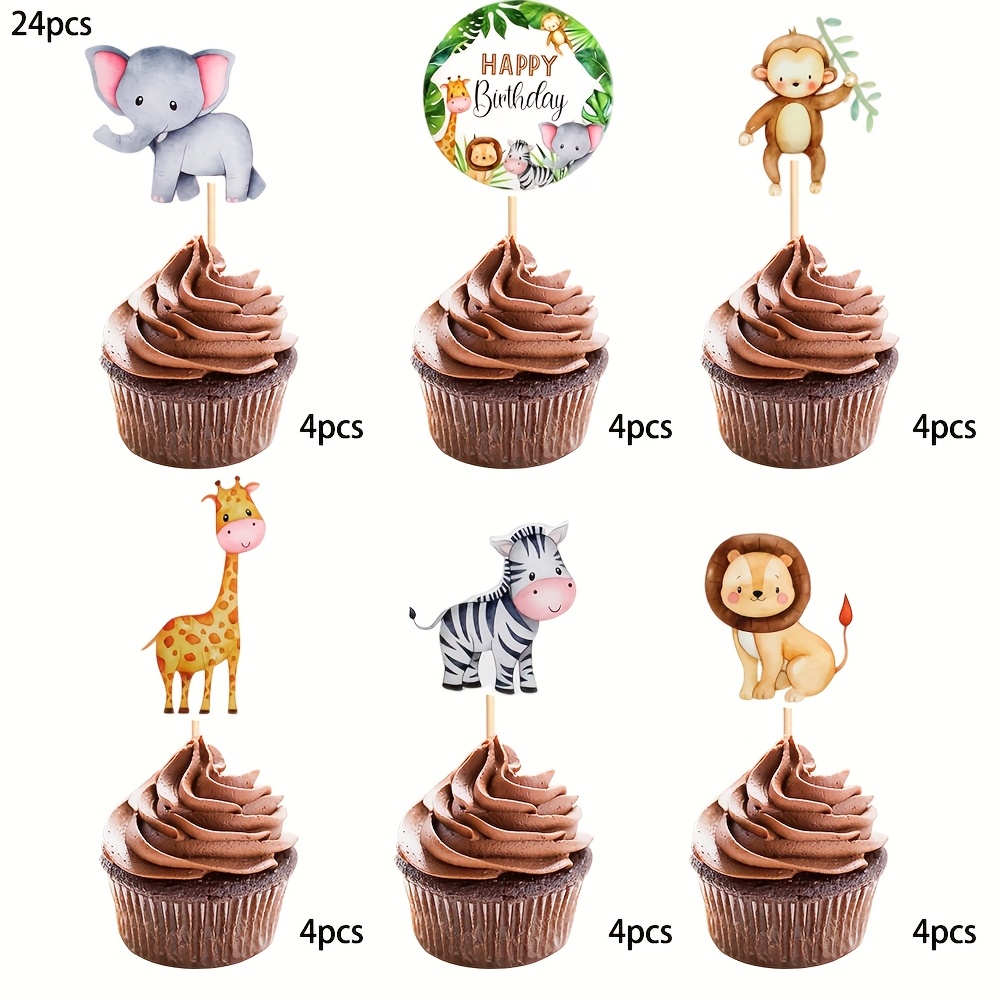 Image of 24pcs Animal Theme Cupcake Toppers Dessert Muffin Cake Picks Cake Decoration For Themed Birthday Party Decoration