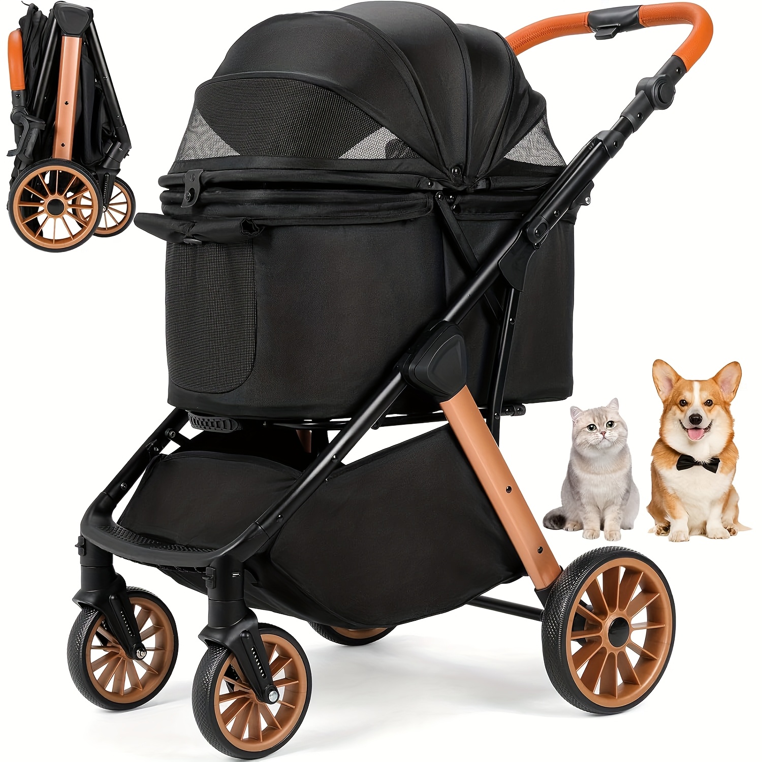 TEMU A Convenient Foldable Pet Stroller For Dogs And Cats, Supporting Up To 25 Kg, Featuring An Adjustable Handle, A Cup Holder, And 4 360Â° Rubber