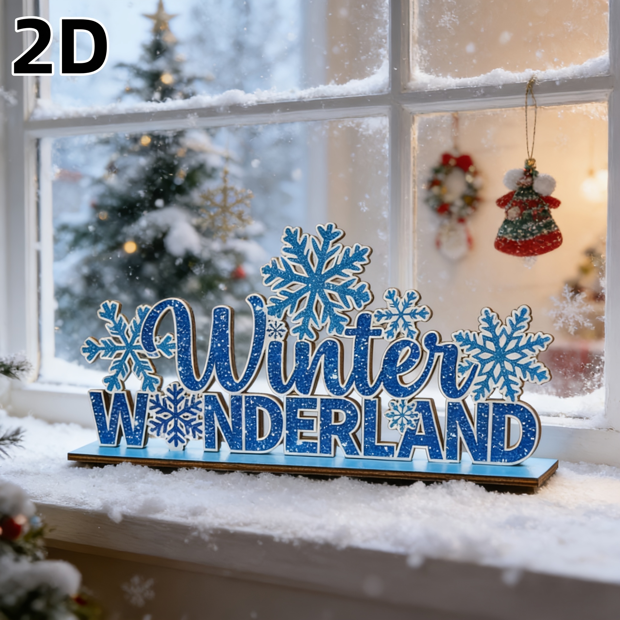 Image of A Decorative Wooden Centerpiece Featuring A Winter Theme, Perfect For Desktop Display, Festive Occasions, And Christmas Gatherings, With Blue Snowflakes Halloween Christmas Decoration
